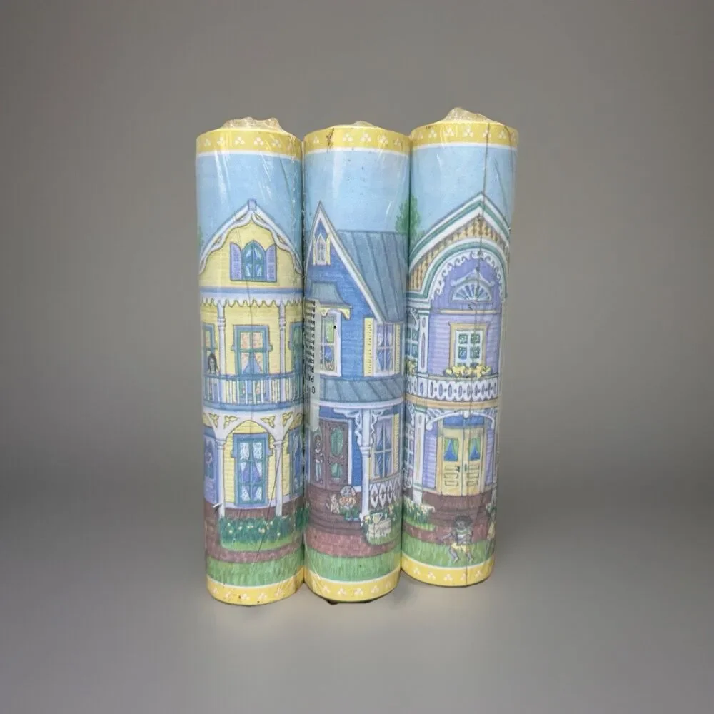 VTG Victorian Village Pasted Wallpaper Boarder Cottage Pastel 3 Rolls 15 Yd 90s